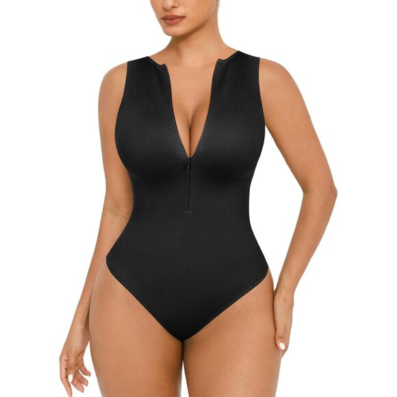 Tops - Women Seamless Zip Up Bodysuit Black Large Slimming Soft Fabric